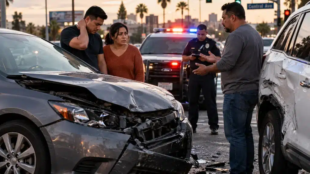 Conductores hablan con un policía después de un choque entre dos autos